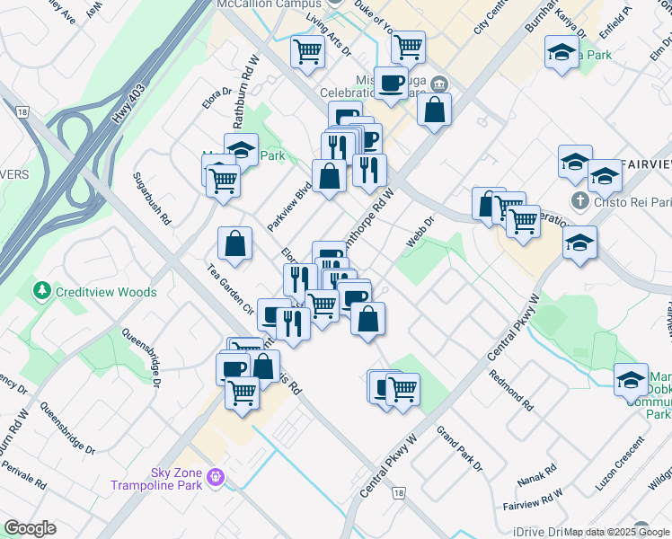 map of restaurants, bars, coffee shops, grocery stores, and more near 470 Burnhamthorpe Road West in Mississauga