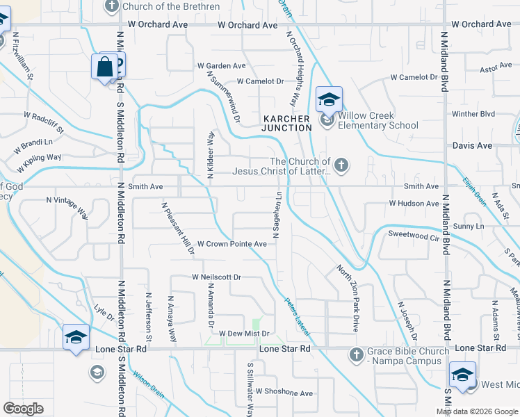 map of restaurants, bars, coffee shops, grocery stores, and more near 1837 West Willow Pointe Court in Nampa