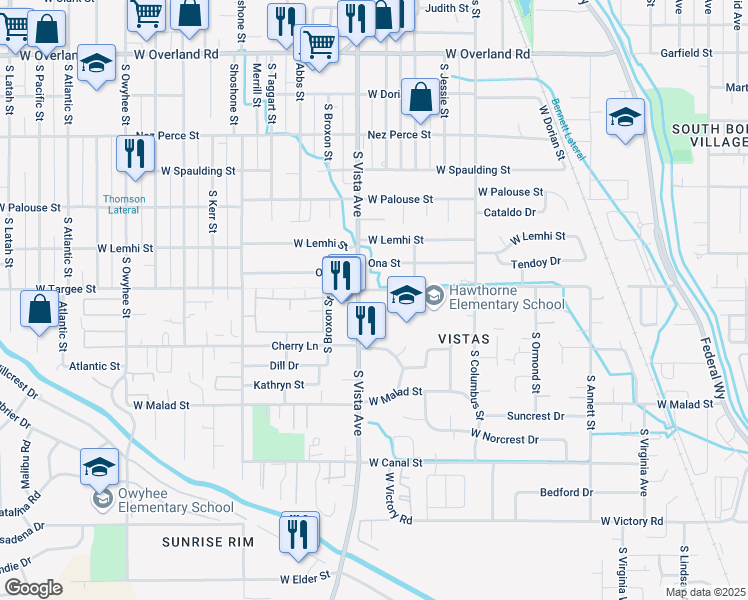 map of restaurants, bars, coffee shops, grocery stores, and more near 2504 West Targee Street in Boise