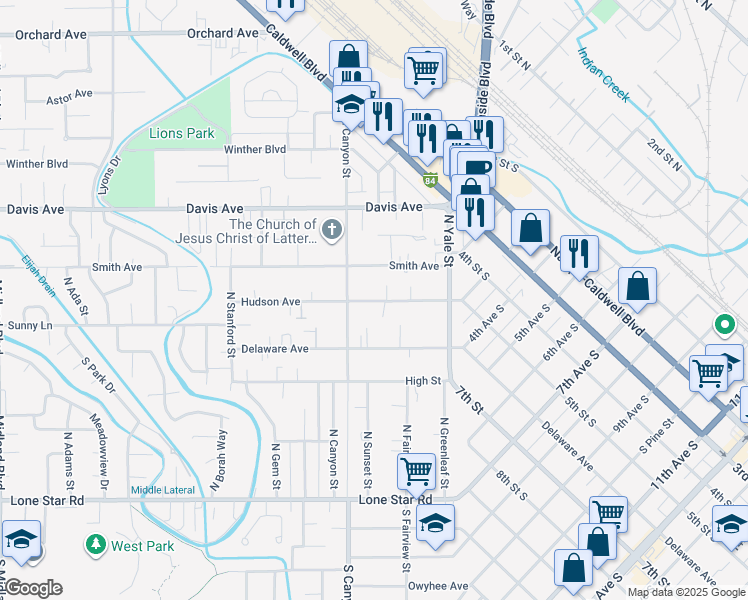 map of restaurants, bars, coffee shops, grocery stores, and more near 94 North Canyon Street in Nampa
