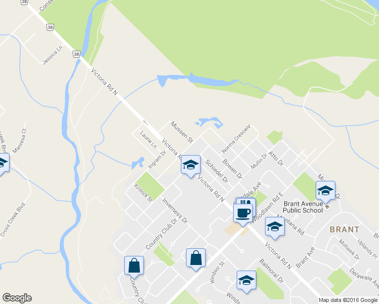 map of restaurants, bars, coffee shops, grocery stores, and more near 595 Victoria Road North in Guelph