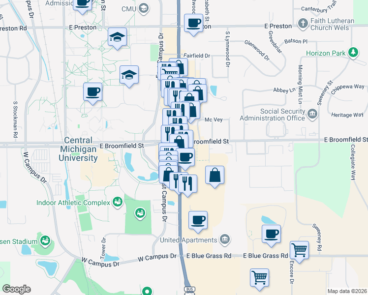 map of restaurants, bars, coffee shops, grocery stores, and more near 912-926 E Broomfield St in Mt Pleasant