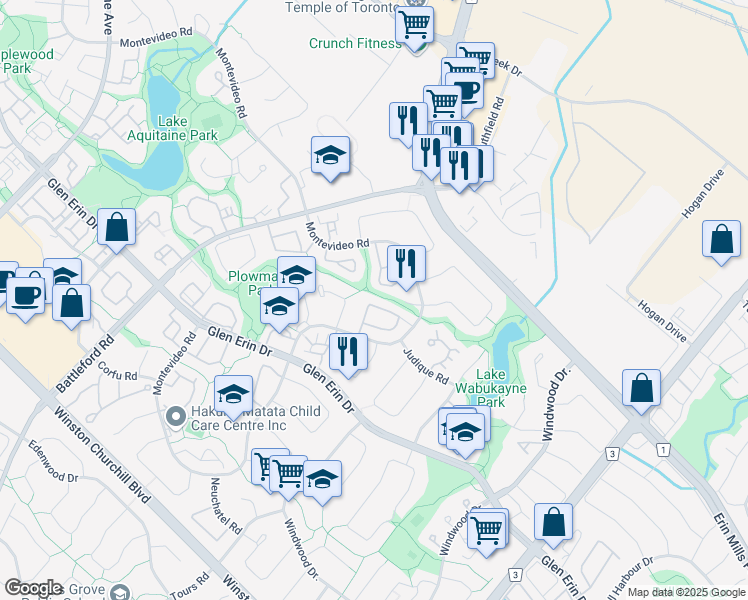map of restaurants, bars, coffee shops, grocery stores, and more near 6040 Montevideo Road in Mississauga