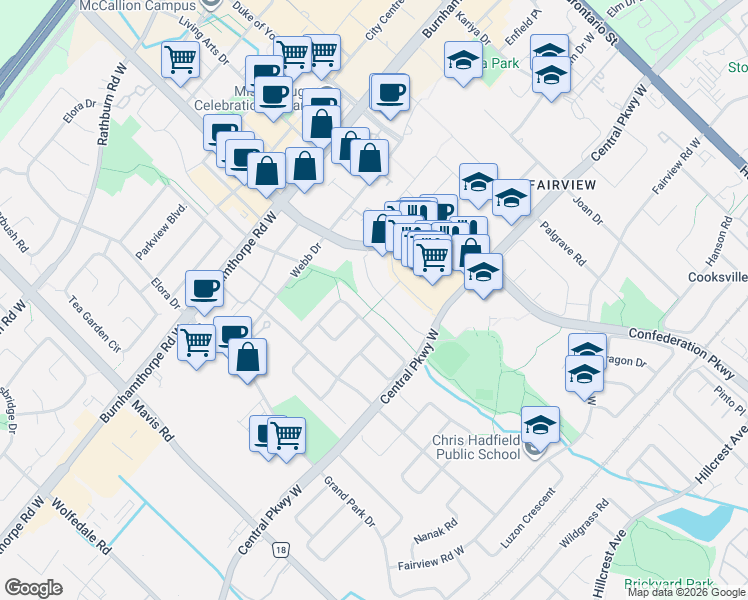 map of restaurants, bars, coffee shops, grocery stores, and more near 3550 Copernicus Drive in Mississauga