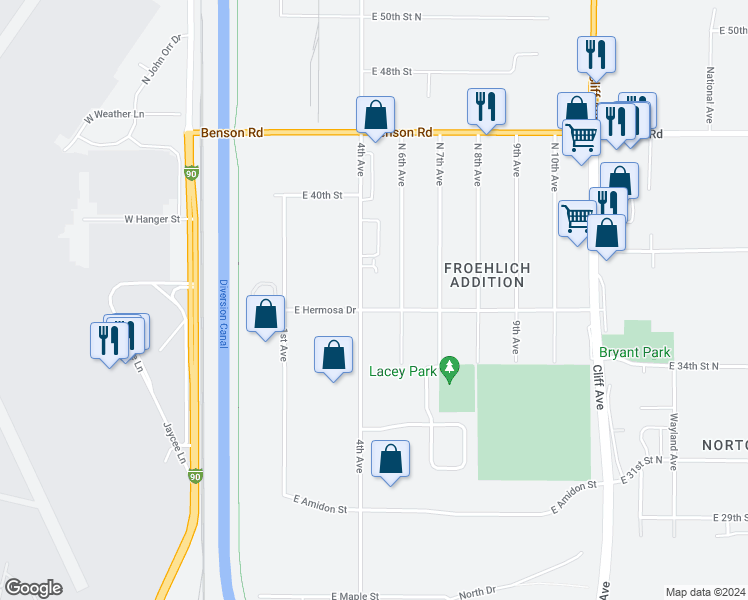map of restaurants, bars, coffee shops, grocery stores, and more near 3400 North 4th Avenue in Sioux Falls