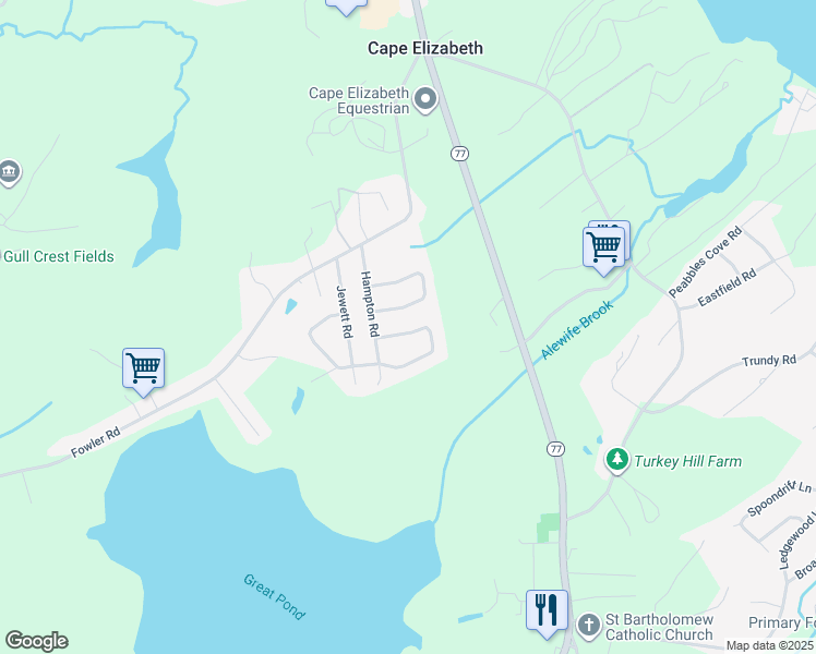 map of restaurants, bars, coffee shops, grocery stores, and more near 3 Bayberry Lane in Cape Elizabeth