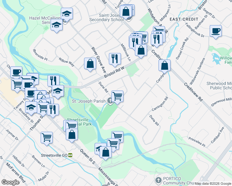 map of restaurants, bars, coffee shops, grocery stores, and more near 1692 Baymill Court in Mississauga
