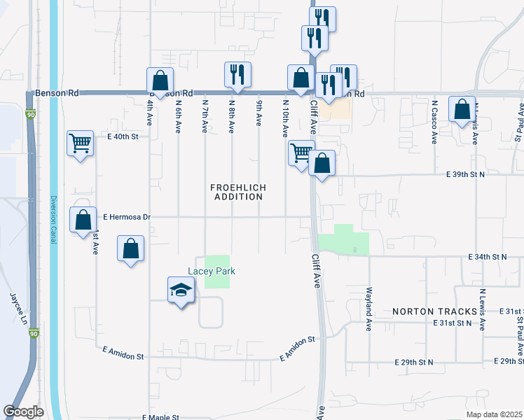 map of restaurants, bars, coffee shops, grocery stores, and more near 3400 North 9th Avenue in Sioux Falls