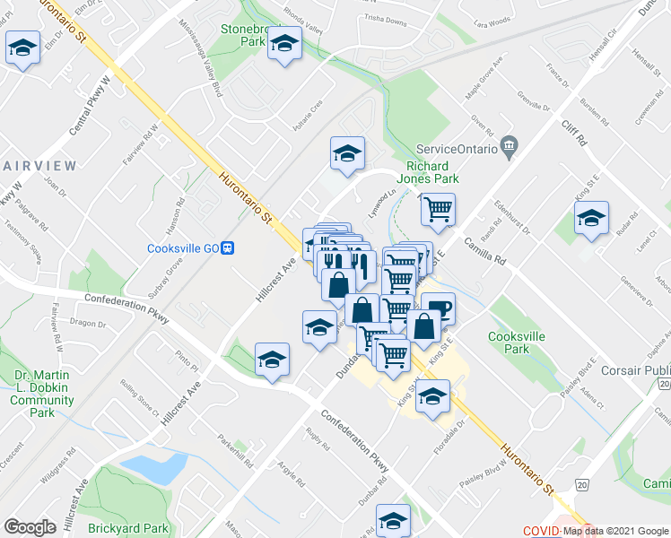 map of restaurants, bars, coffee shops, grocery stores, and more near 3085 Hurontario Street in Mississauga