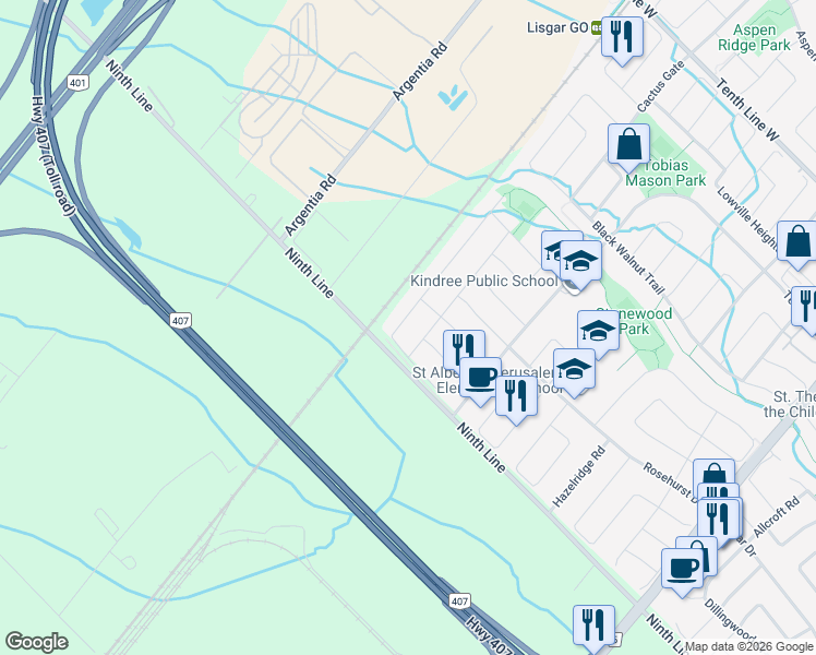map of restaurants, bars, coffee shops, grocery stores, and more near 3862 Partition Road in Mississauga