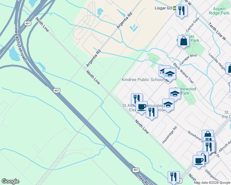 map of restaurants, bars, coffee shops, grocery stores, and more near 3881 Partition Road in Mississauga