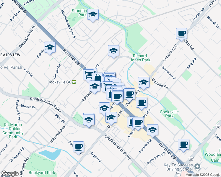 map of restaurants, bars, coffee shops, grocery stores, and more near 3-3085 Hurontario Street in Mississauga