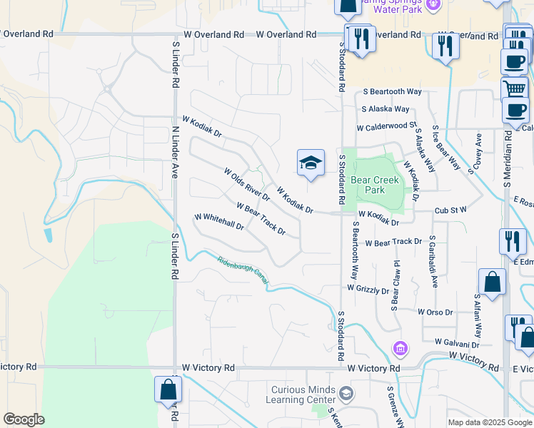 map of restaurants, bars, coffee shops, grocery stores, and more near 1093 West Olds River Drive in Meridian