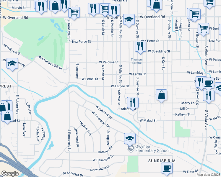 map of restaurants, bars, coffee shops, grocery stores, and more near 2201 South Pacific Street in Boise