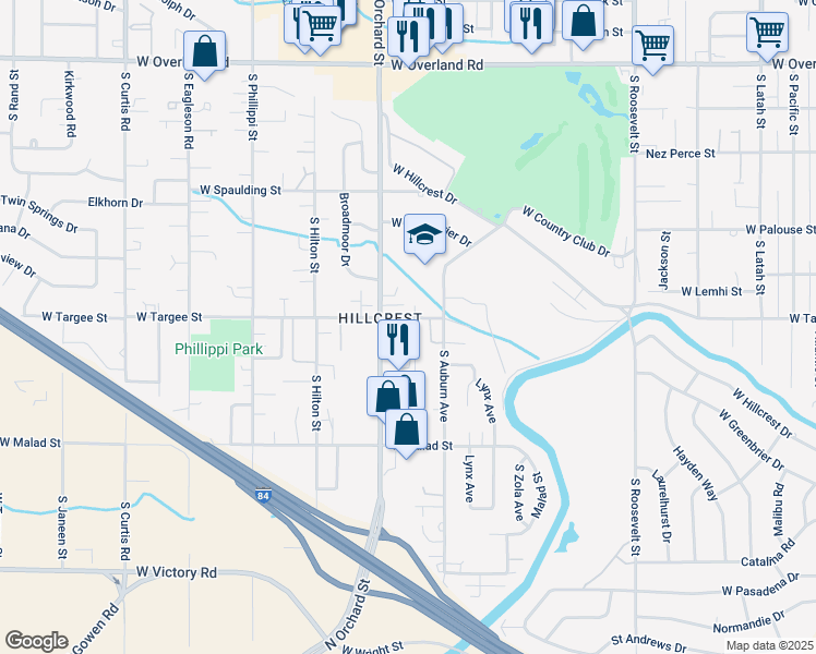 map of restaurants, bars, coffee shops, grocery stores, and more near 2278 South Salmon Lane in Boise