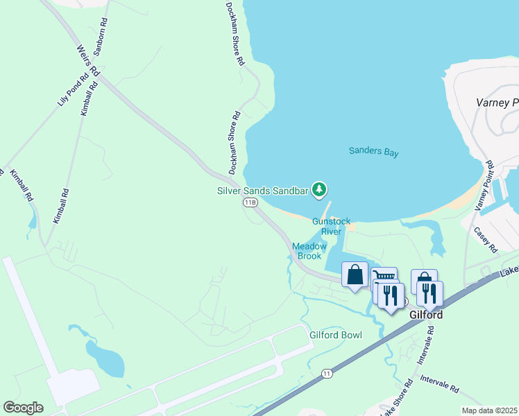 map of restaurants, bars, coffee shops, grocery stores, and more near 136 Weirs Road in Gilford