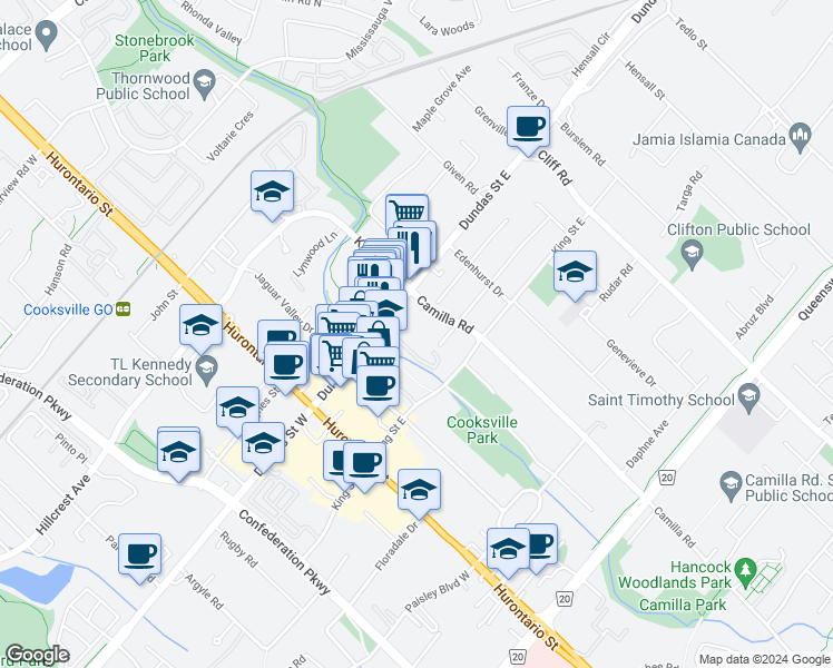 map of restaurants, bars, coffee shops, grocery stores, and more near 120 Dundas Street East in Mississauga