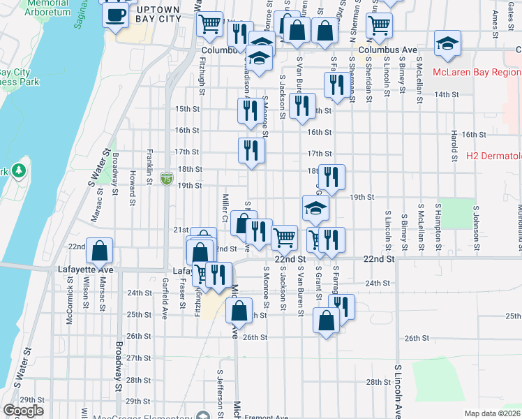 map of restaurants, bars, coffee shops, grocery stores, and more near 1000 19th Street in Bay City