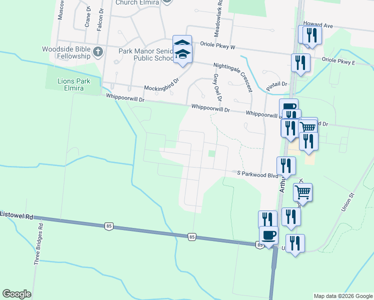 map of restaurants, bars, coffee shops, grocery stores, and more near 75 Woodberry Crescent in Elmira