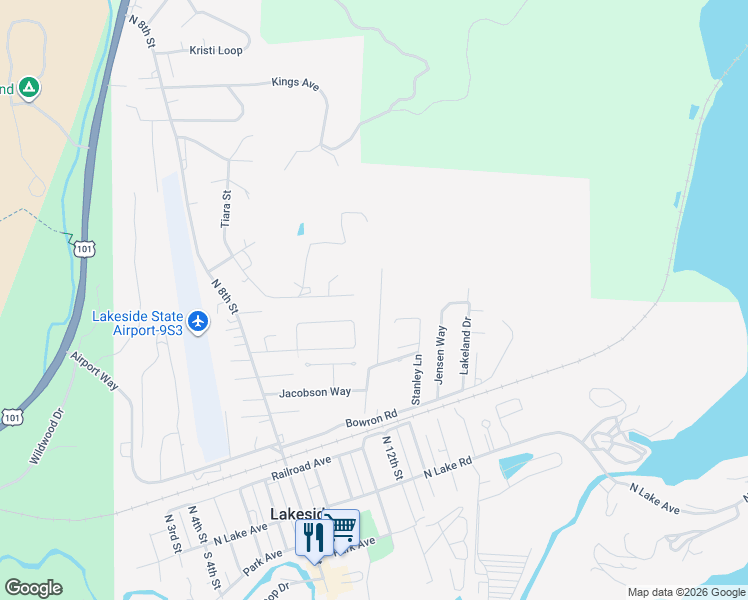 map of restaurants, bars, coffee shops, grocery stores, and more near 505 Rugh Lane in Lakeside
