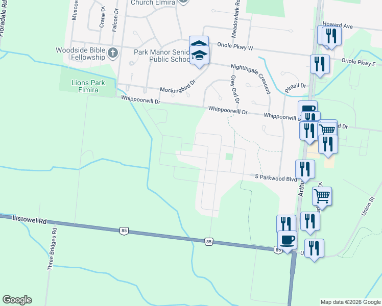 map of restaurants, bars, coffee shops, grocery stores, and more near 28 Bur Oak Drive in Elmira