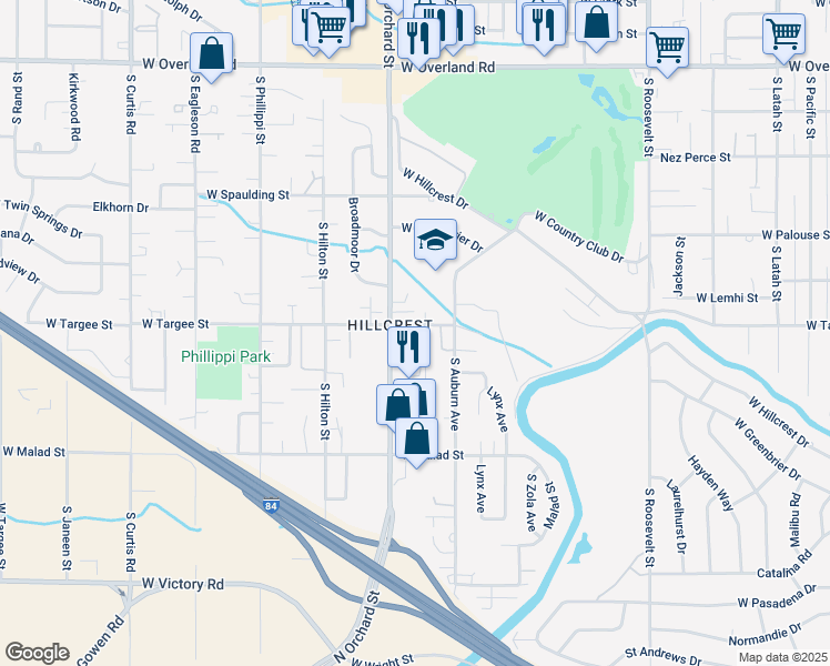 map of restaurants, bars, coffee shops, grocery stores, and more near 2209 South Salmon Lane in Boise