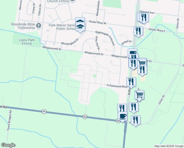 map of restaurants, bars, coffee shops, grocery stores, and more near 101 Timber Trail Road in Waterloo Regional Municipality