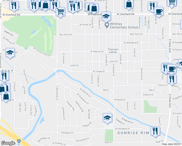 map of restaurants, bars, coffee shops, grocery stores, and more near 2201 South Pacific Street in Boise