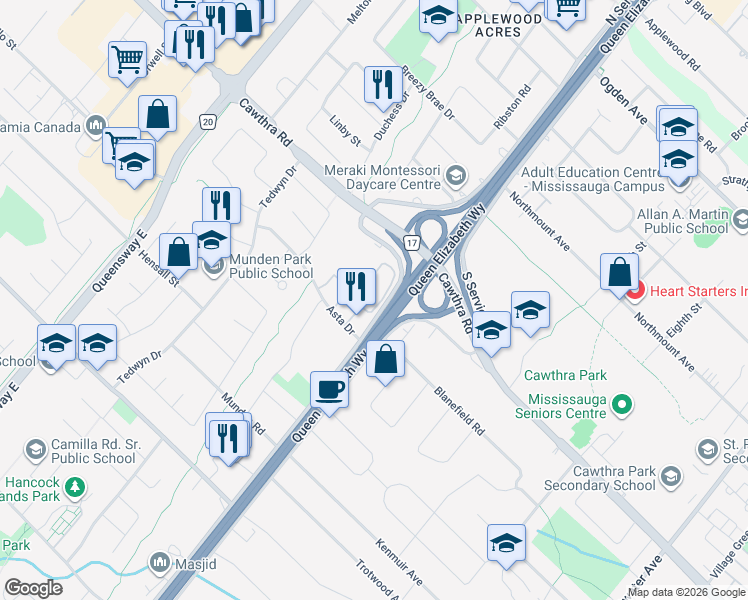 map of restaurants, bars, coffee shops, grocery stores, and more near 2035 Asta Drive in Mississauga