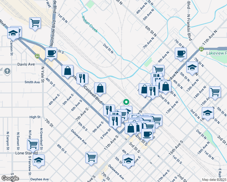 map of restaurants, bars, coffee shops, grocery stores, and more near 5 8th Avenue South in Nampa