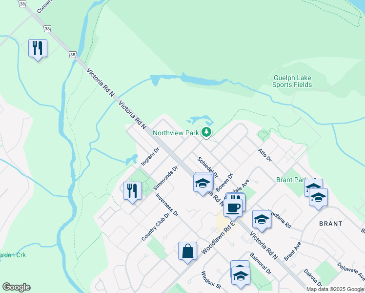 map of restaurants, bars, coffee shops, grocery stores, and more near 595 Victoria Road North in Guelph