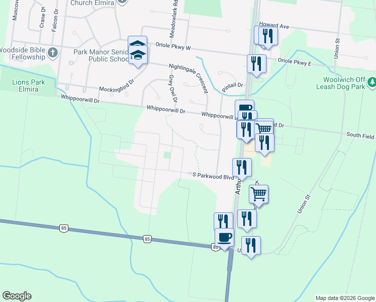 map of restaurants, bars, coffee shops, grocery stores, and more near 13 Burlwood Drive in Elmira