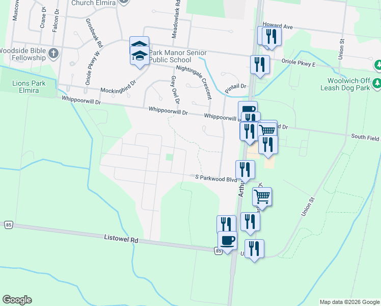 map of restaurants, bars, coffee shops, grocery stores, and more near 15 Burlwood Drive in Elmira