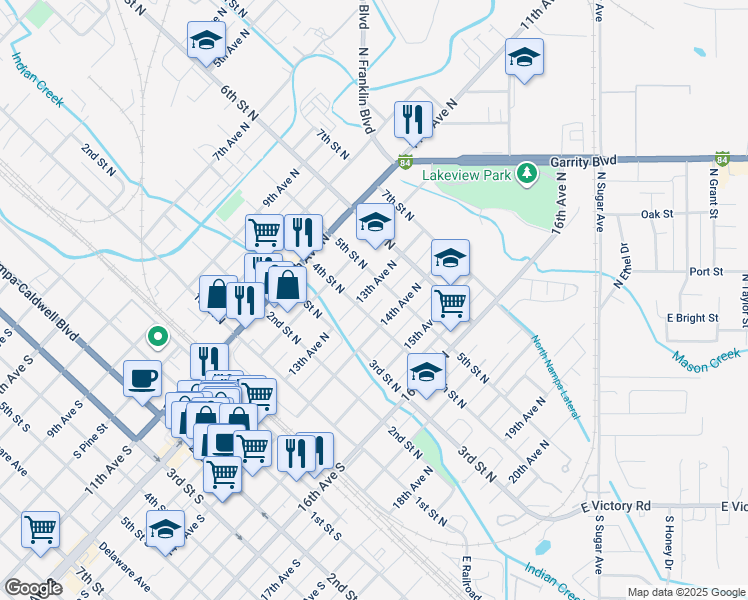 map of restaurants, bars, coffee shops, grocery stores, and more near 410 13th Avenue North in Nampa