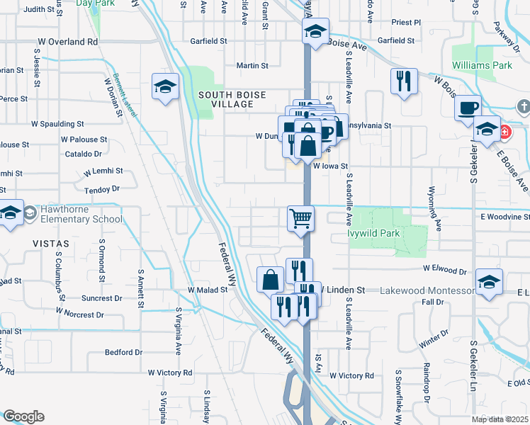 map of restaurants, bars, coffee shops, grocery stores, and more near 1205 Targee Street in Boise