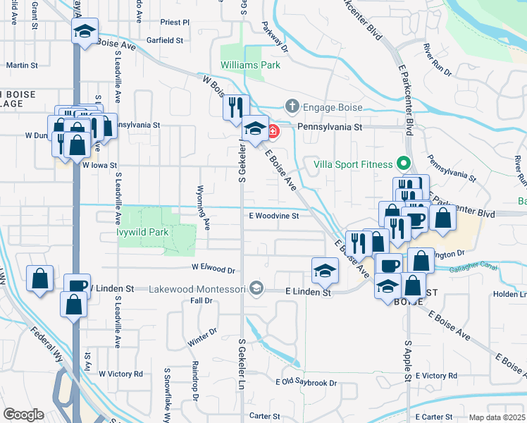 map of restaurants, bars, coffee shops, grocery stores, and more near 2288 South Gekeler Lane in Boise