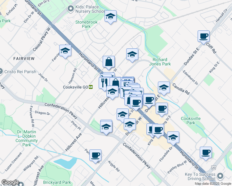 map of restaurants, bars, coffee shops, grocery stores, and more near 3122 Hurontario Street in Mississauga