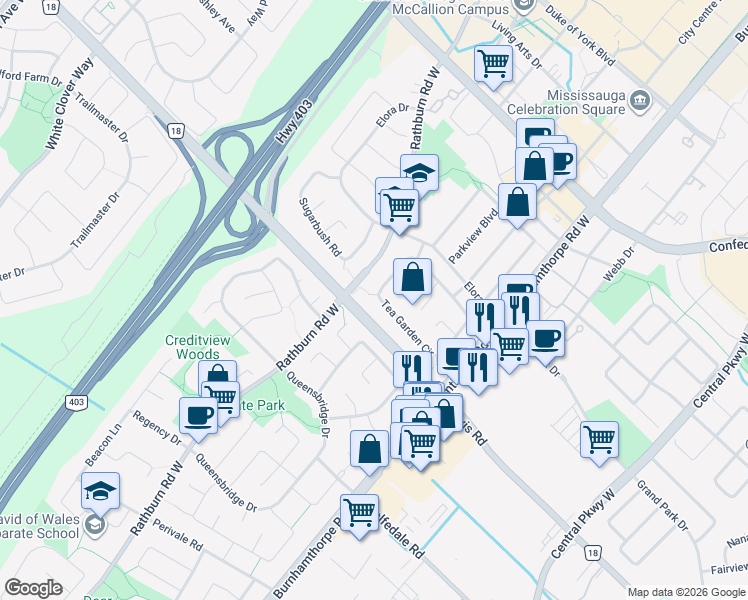 map of restaurants, bars, coffee shops, grocery stores, and more near 650 Paragon Place in Mississauga
