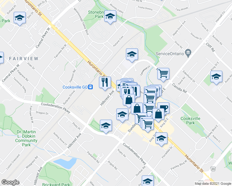 map of restaurants, bars, coffee shops, grocery stores, and more near 3122 Hurontario Street in Mississauga