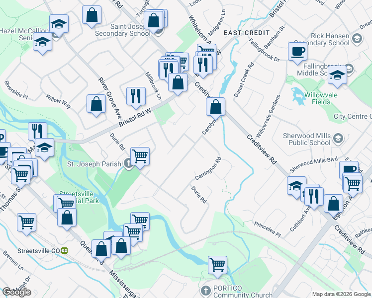 map of restaurants, bars, coffee shops, grocery stores, and more near 1633 Carolyn Road in Mississauga