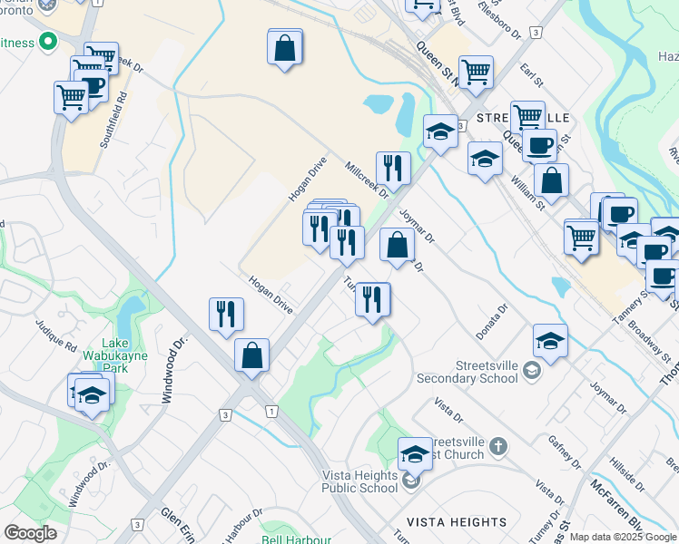 map of restaurants, bars, coffee shops, grocery stores, and more near Britannia Road West & Turney Drive in Mississauga
