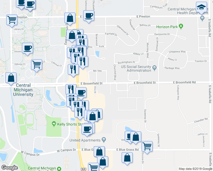 map of restaurants, bars, coffee shops, grocery stores, and more near 1040 East Broomfield Street in Mount Pleasant