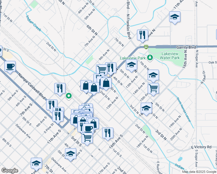 map of restaurants, bars, coffee shops, grocery stores, and more near 1115 3rd Street North in Nampa