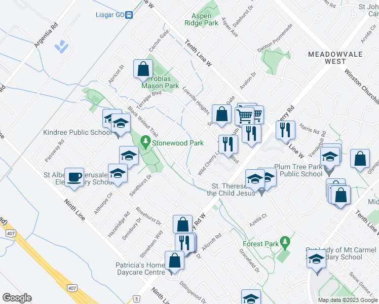 map of restaurants, bars, coffee shops, grocery stores, and more near 3380 Scotch Pine Gate in Mississauga