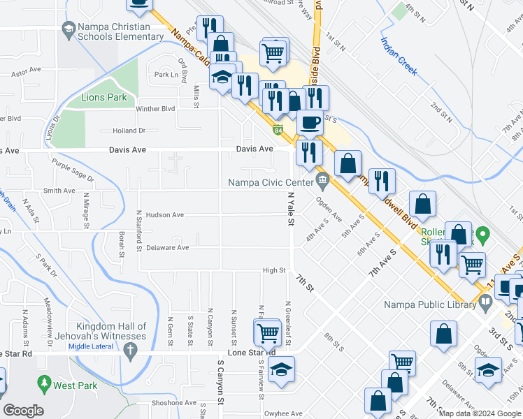 map of restaurants, bars, coffee shops, grocery stores, and more near 122 Hudson Avenue in Nampa