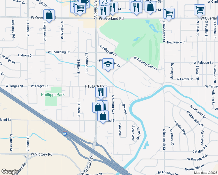 map of restaurants, bars, coffee shops, grocery stores, and more near 2204 South Pond Street in Boise