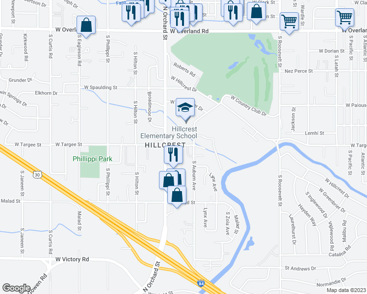 map of restaurants, bars, coffee shops, grocery stores, and more near 2278 South Salmon Lane in Boise