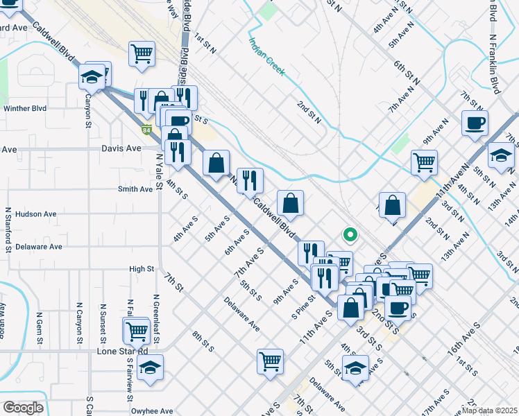 map of restaurants, bars, coffee shops, grocery stores, and more near 509 2nd Street South in Nampa