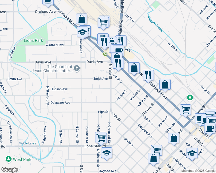 map of restaurants, bars, coffee shops, grocery stores, and more near 91 North Yale Street in Nampa
