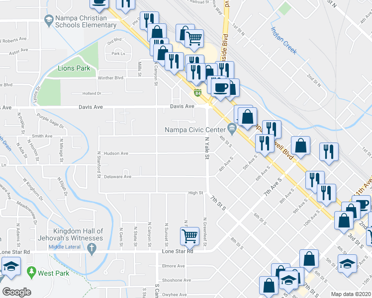 map of restaurants, bars, coffee shops, grocery stores, and more near 122 Hudson Avenue in Nampa